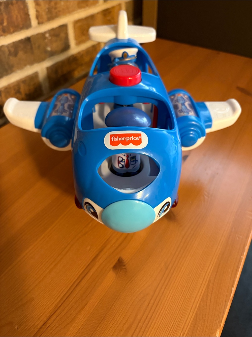 Fisher-Price Blue and White Push Plane with Red Button